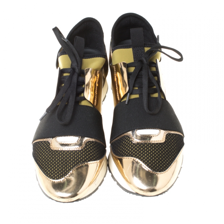 Pre Owned Balenciaga Metallic Gold Leather And Satin Race Runner Sneakers Size 39