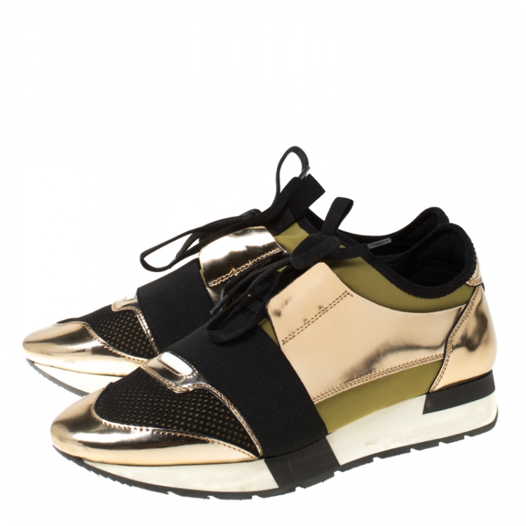 Pre Owned Balenciaga Metallic Gold Leather And Satin Race Runner Sneakers Size 39