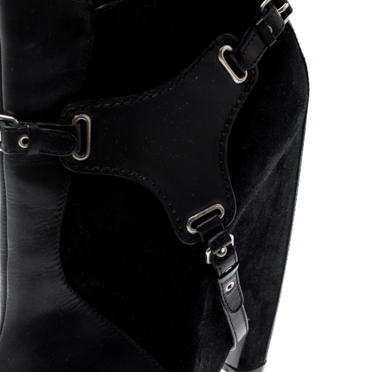 Pre Owned Balenciaga Black Leather and Suede Harness Platform Boots Size 40