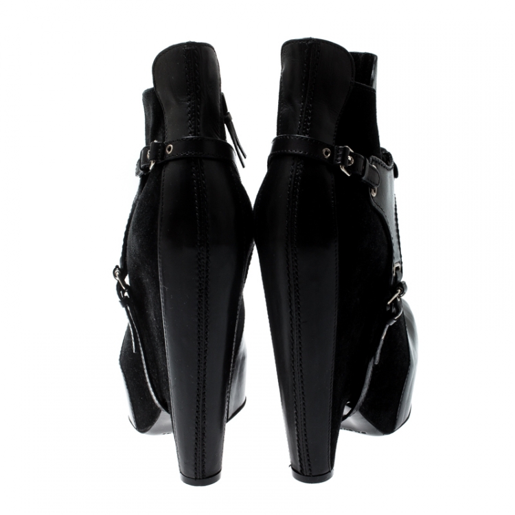 Pre Owned Balenciaga Black Leather and Suede Harness Platform Boots Size 40