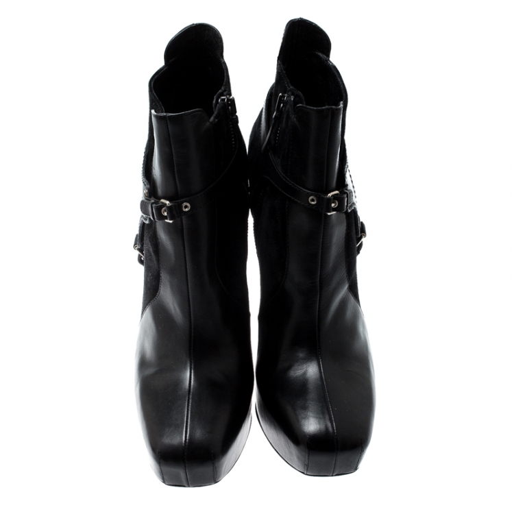 Pre Owned Balenciaga Black Leather and Suede Harness Platform Boots Size 40