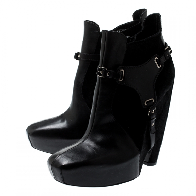 Pre Owned Balenciaga Black Leather and Suede Harness Platform Boots Size 40