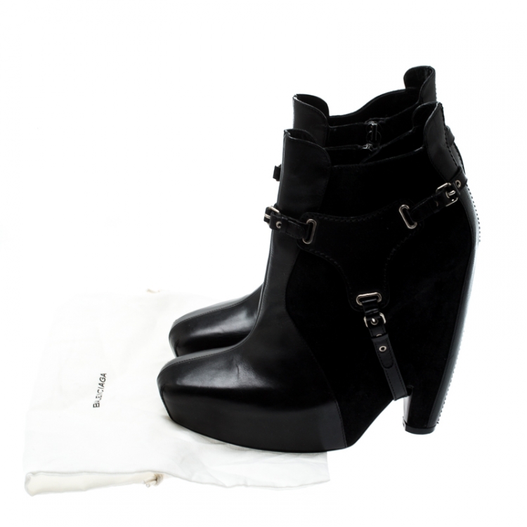 Pre Owned Balenciaga Black Leather and Suede Harness Platform Boots Size 40
