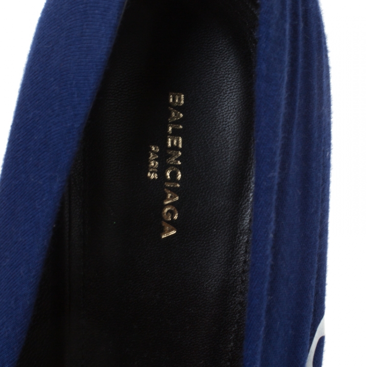 Pre Owned Balenciaga Blue Fabric And Leather Knife Logo Pointed Toe Pumps Size 40