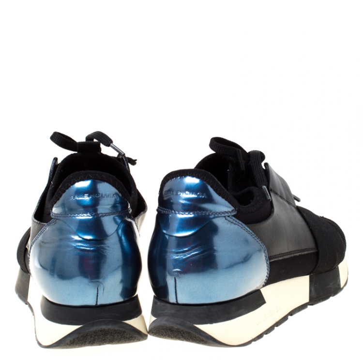 Pre Owned Balenciaga Black/Blue Leather And Mesh Race Runners Sneakers Size 38