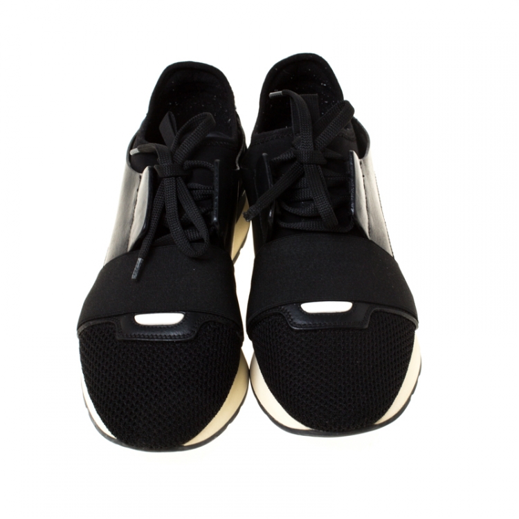 Pre Owned Balenciaga Black/Blue Leather And Mesh Race Runners Sneakers Size 38