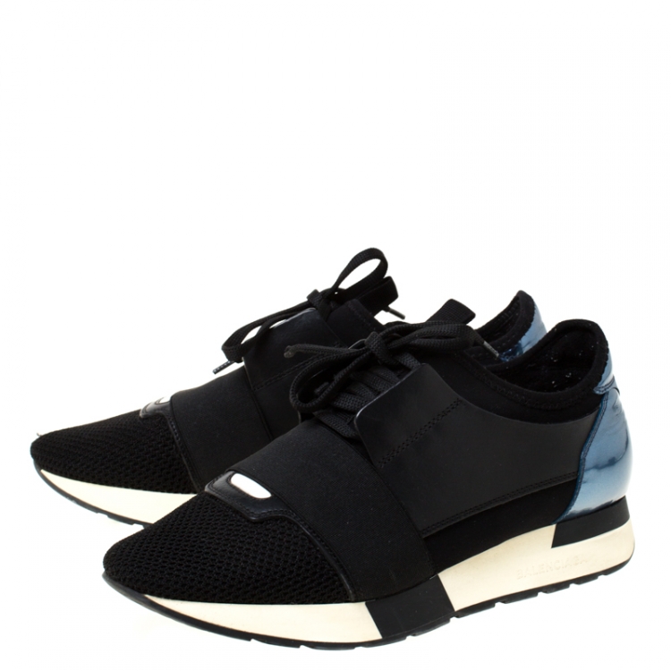 Pre Owned Balenciaga Black/Blue Leather And Mesh Race Runners Sneakers Size 38