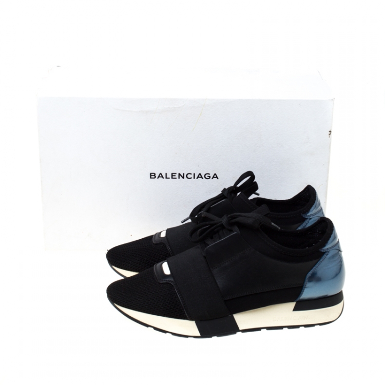 Pre Owned Balenciaga Black/Blue Leather And Mesh Race Runners Sneakers Size 38