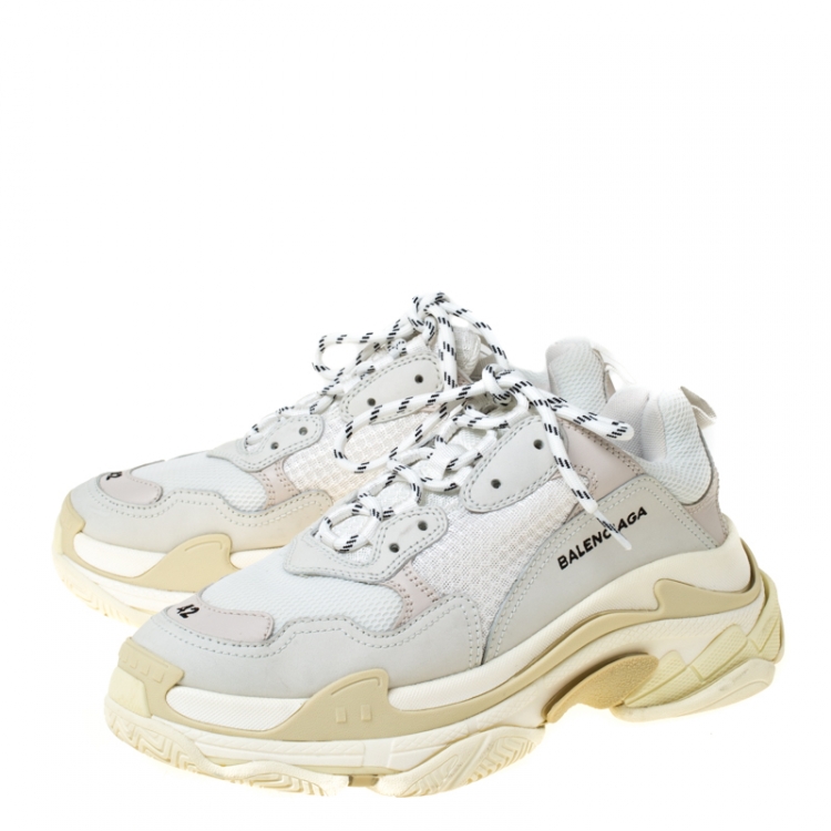 Pre Owned Balenciaga White/Grey Mesh And Leather Triple S Platform Sneakers Size 42