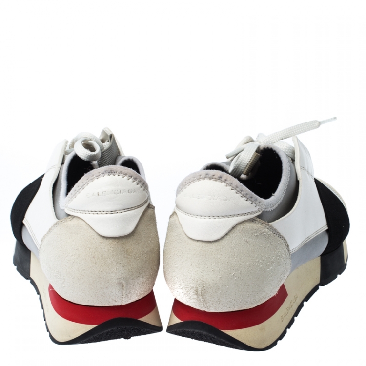 Pre Owned Balenciaga White Suede Leather And Stretch Fabric Race Runners Lace Up Sneakers Size 39