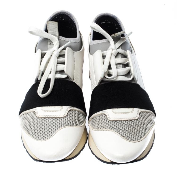 Pre Owned Balenciaga White Suede Leather And Stretch Fabric Race Runners Lace Up Sneakers Size 39