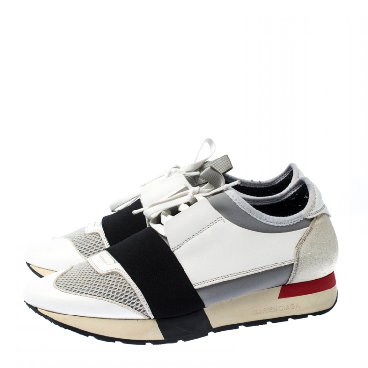 Pre Owned Balenciaga White Suede Leather And Stretch Fabric Race Runners Lace Up Sneakers Size 39