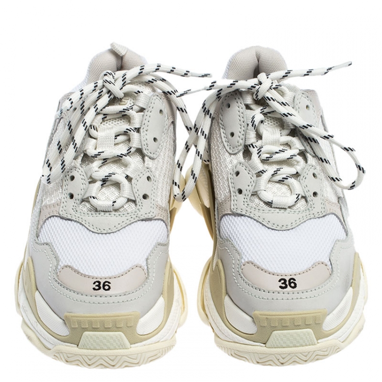 Pre Owned Balenciaga White/Beige Nubuck/Mesh Triple S Trainer Sneakers Size 36