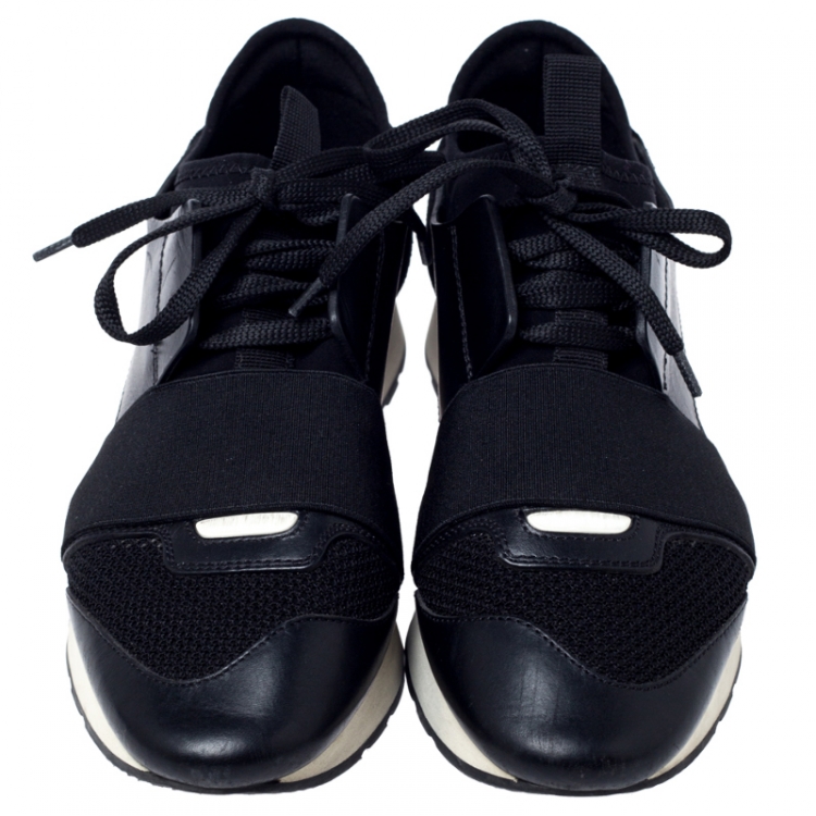Pre Owned Balenciaga Black Leather, Suede And Mesh  Race Runner Sneakers Size 37