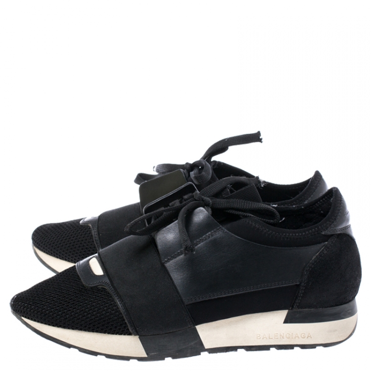Pre Owned Balenciaga Black Leather, Suede And Mesh Race Runner Sneakers Size 38