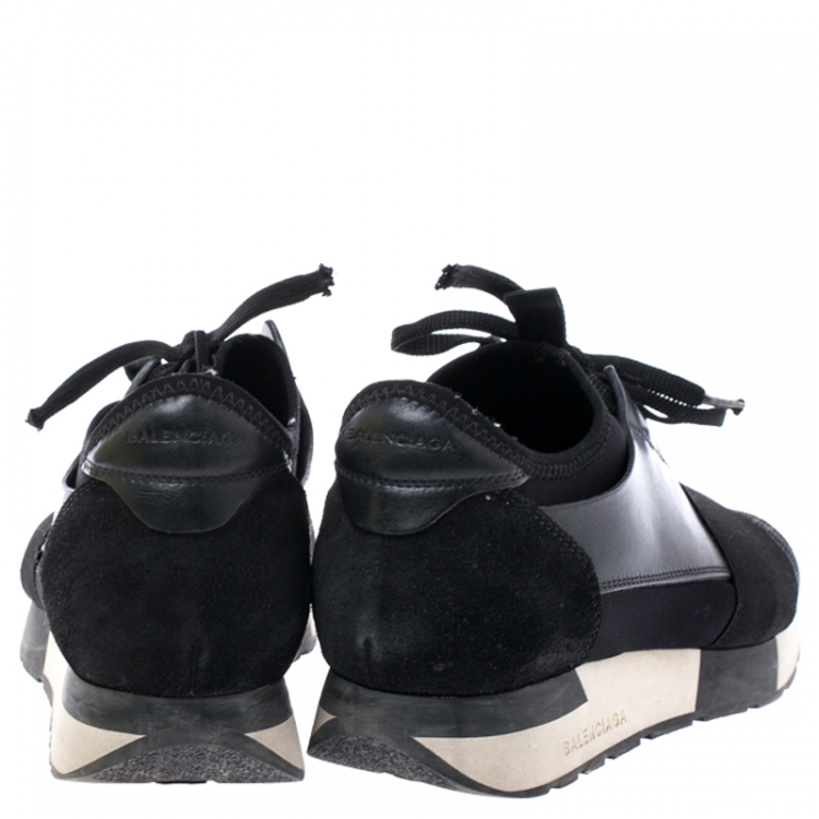 Pre Owned Balenciaga Black Leather, Suede And Mesh Race Runner Sneakers Size 38