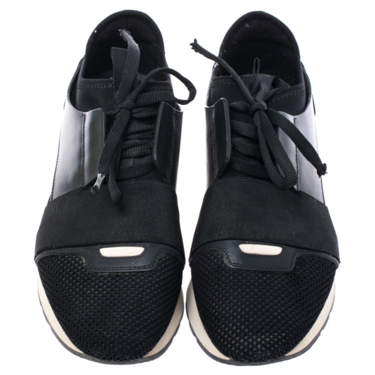Pre Owned Balenciaga Black Leather, Suede And Mesh Race Runner Sneakers Size 38