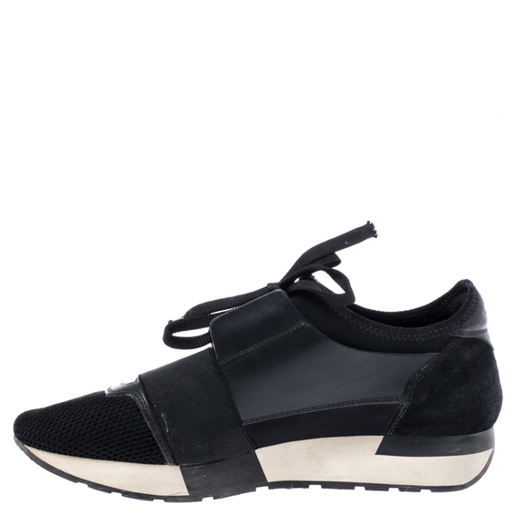 Pre Owned Balenciaga Black Leather, Suede And Mesh Race Runner Sneakers Size 38