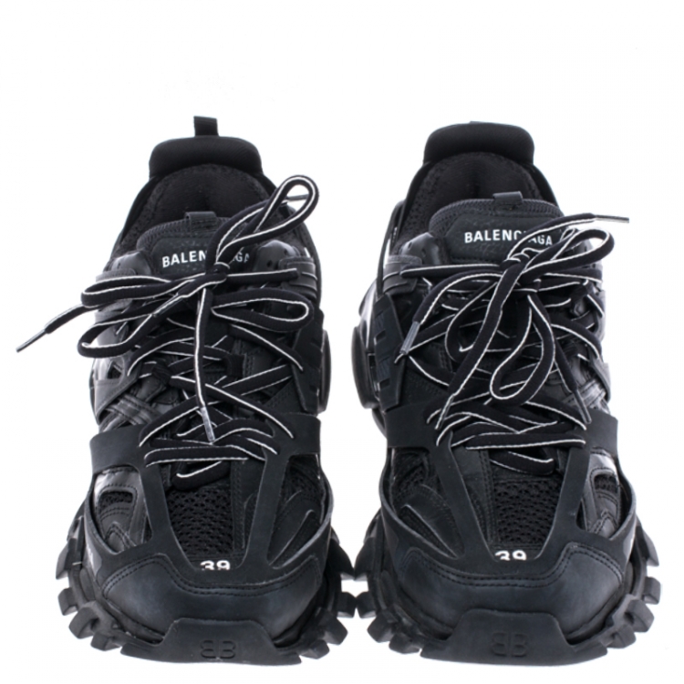 Pre Owned Balenciaga Black Leather And Mesh Track Trainers Size 39