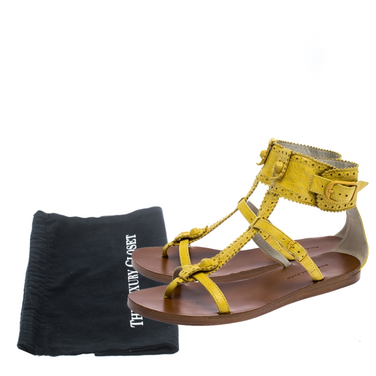 Pre Owned Balenciaga Yellow Brogue Leather T Strap Sandals Size 36.5