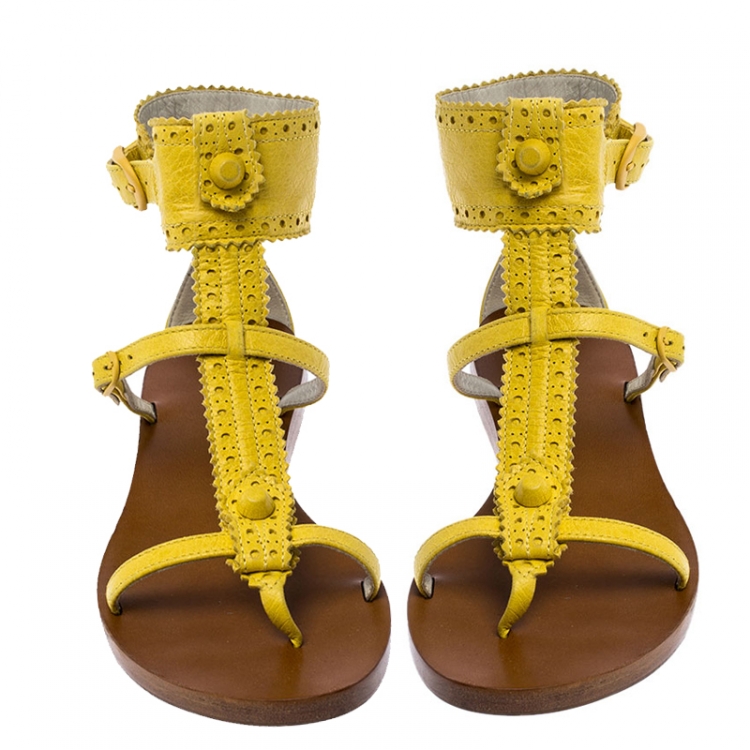 Pre Owned Balenciaga Yellow Brogue Leather T Strap Sandals Size 36.5