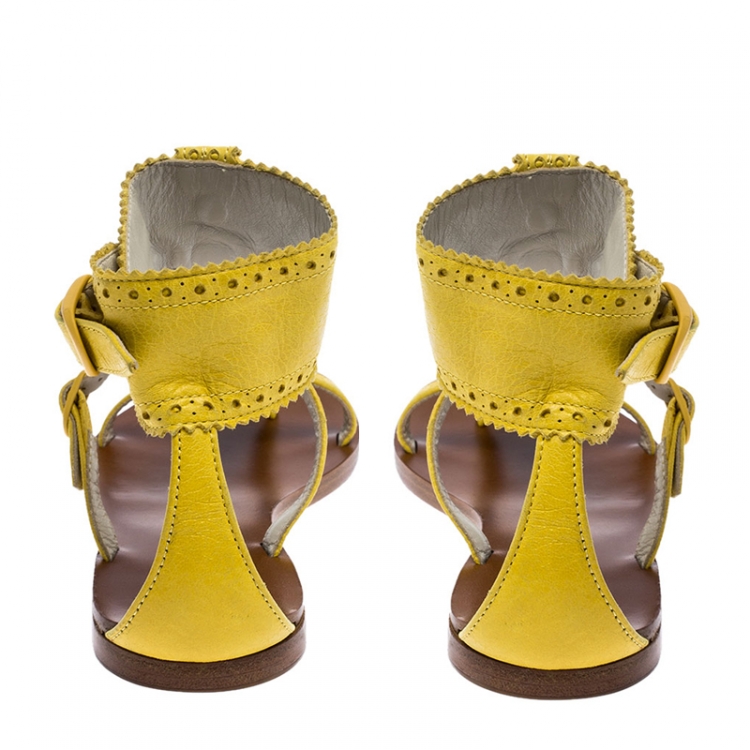 Pre Owned Balenciaga Yellow Brogue Leather T Strap Sandals Size 36.5