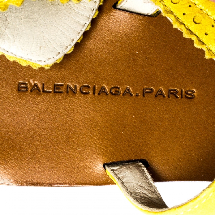 Pre Owned Balenciaga Yellow Brogue Leather T Strap Sandals Size 36.5