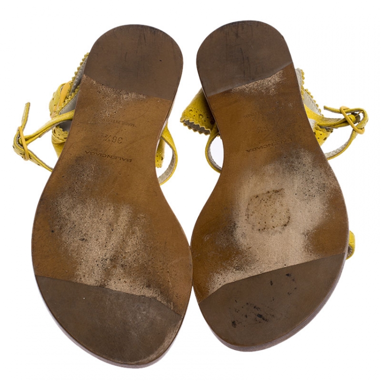 Pre Owned Balenciaga Yellow Brogue Leather T Strap Sandals Size 36.5