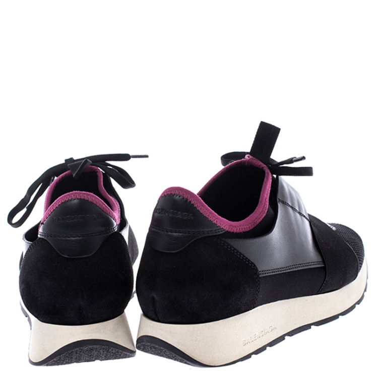 Pre Owned Balenciaga Black Suede, Leather, Mesh And Stretch Fabric Race Runners Lace Up Sneakers Size 38