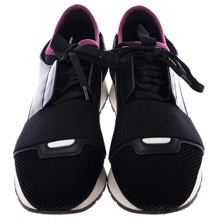Pre Owned Balenciaga Black Suede, Leather, Mesh And Stretch Fabric Race Runners Lace Up Sneakers Size 38