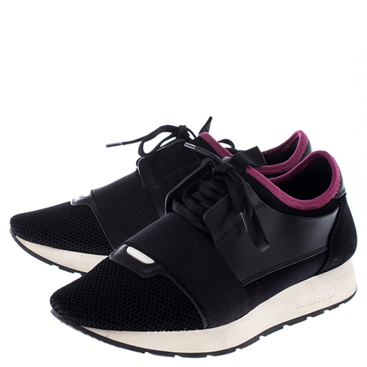 Pre Owned Balenciaga Black Suede, Leather, Mesh And Stretch Fabric Race Runners Lace Up Sneakers Size 38