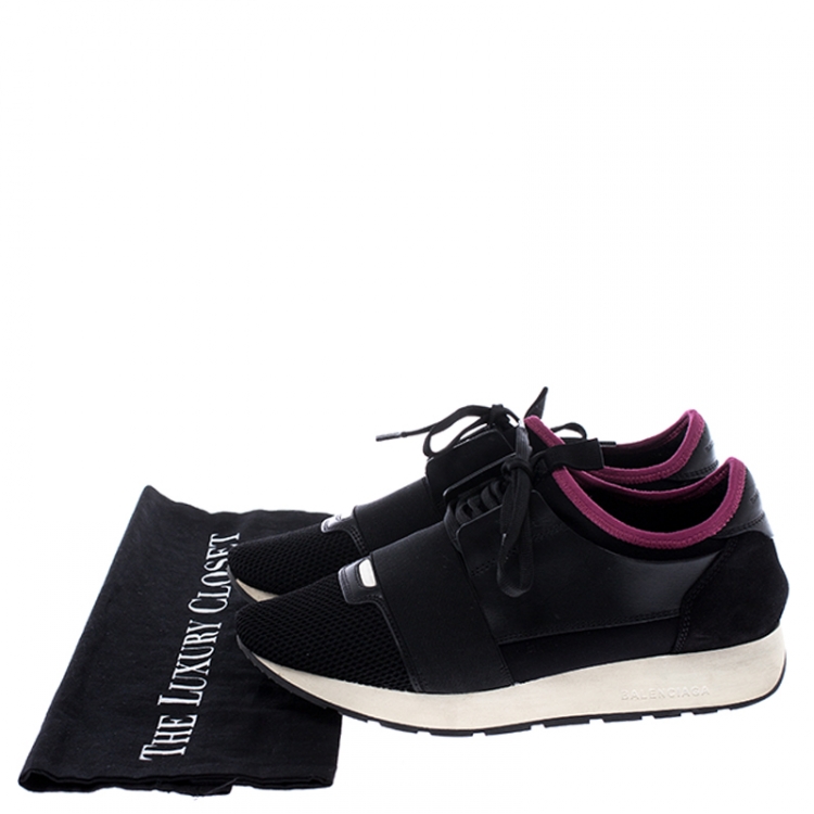 Pre Owned Balenciaga Black Suede, Leather, Mesh And Stretch Fabric Race Runners Lace Up Sneakers Size 38