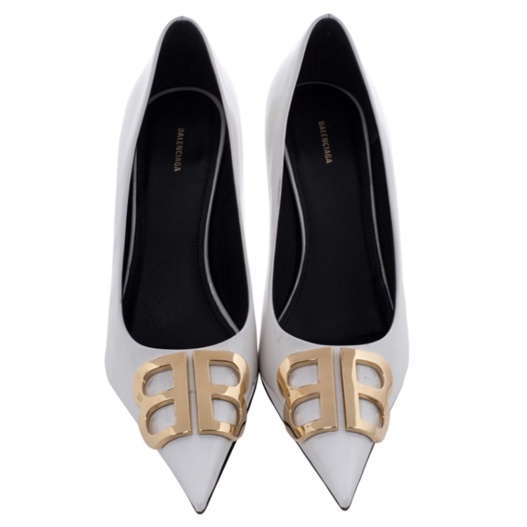 Pre Owned Balenciaga White Patent Leather BB Pointed Toe Pumps Size 40