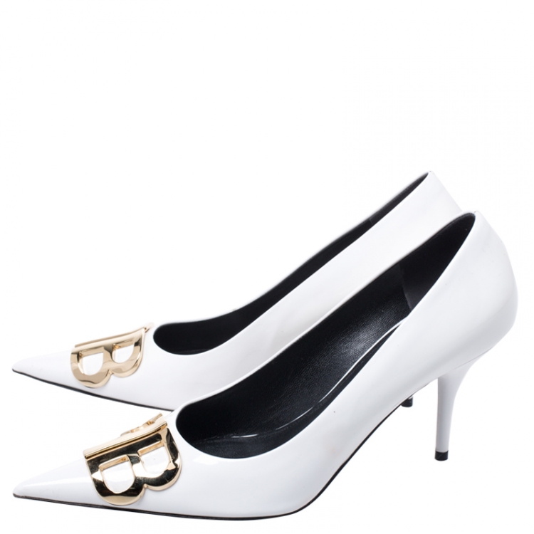Pre Owned Balenciaga White Patent Leather BB Pointed Toe Pumps Size 40
