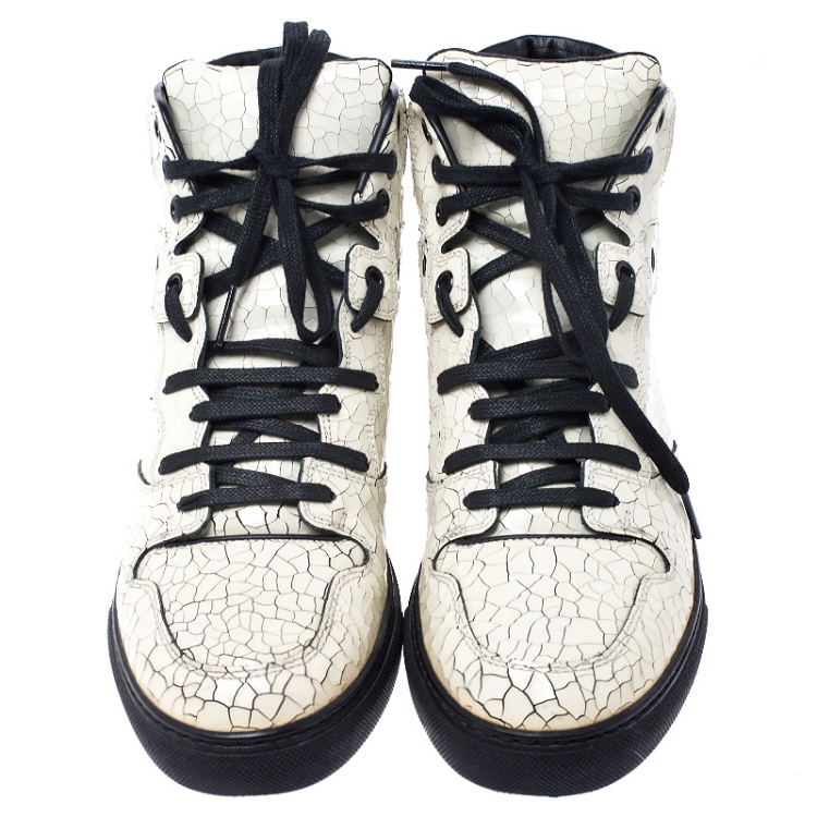 Pre Owned Balenciaga Off White Cracked Leather Lace Up High-Top Sneakers Size 37