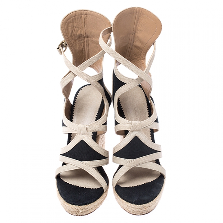Pre Owned Balenciaga Black/Beige Canvas and Leather Caged Espadrille Wedge Sandals Size 37