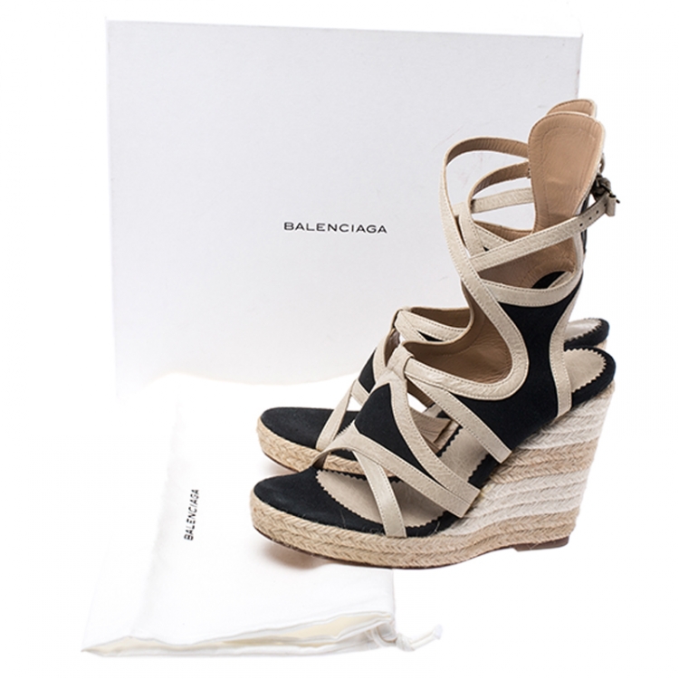 Pre Owned Balenciaga Black/Beige Canvas and Leather Caged Espadrille Wedge Sandals Size 37