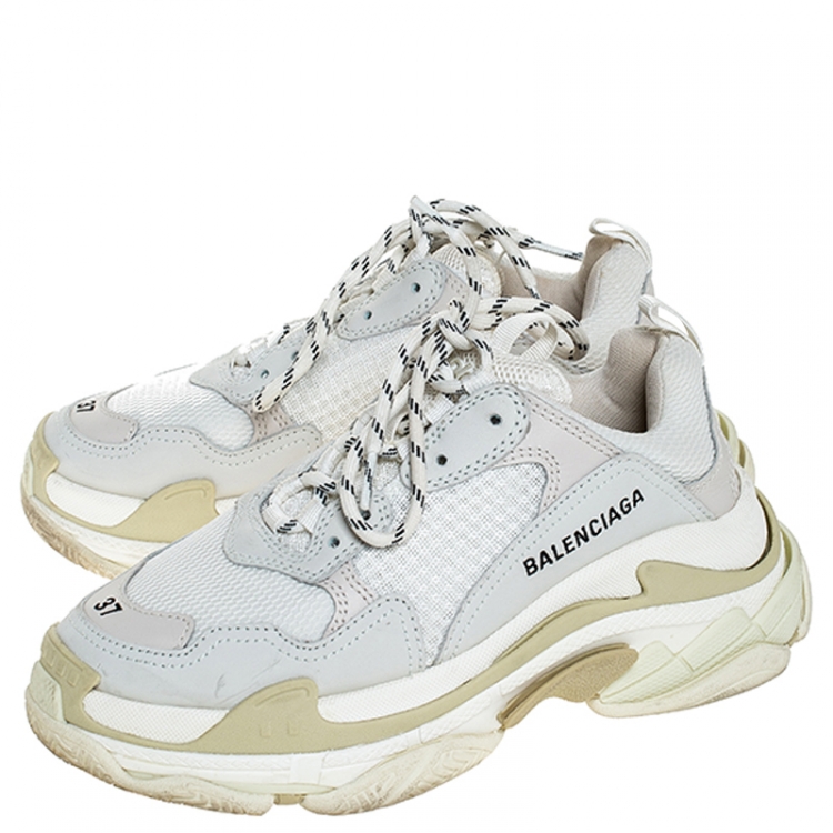 Pre Owned Balenciaga White/Beige Nubuck, Leather And Mesh Triple S Trainer Sneakers Size 37