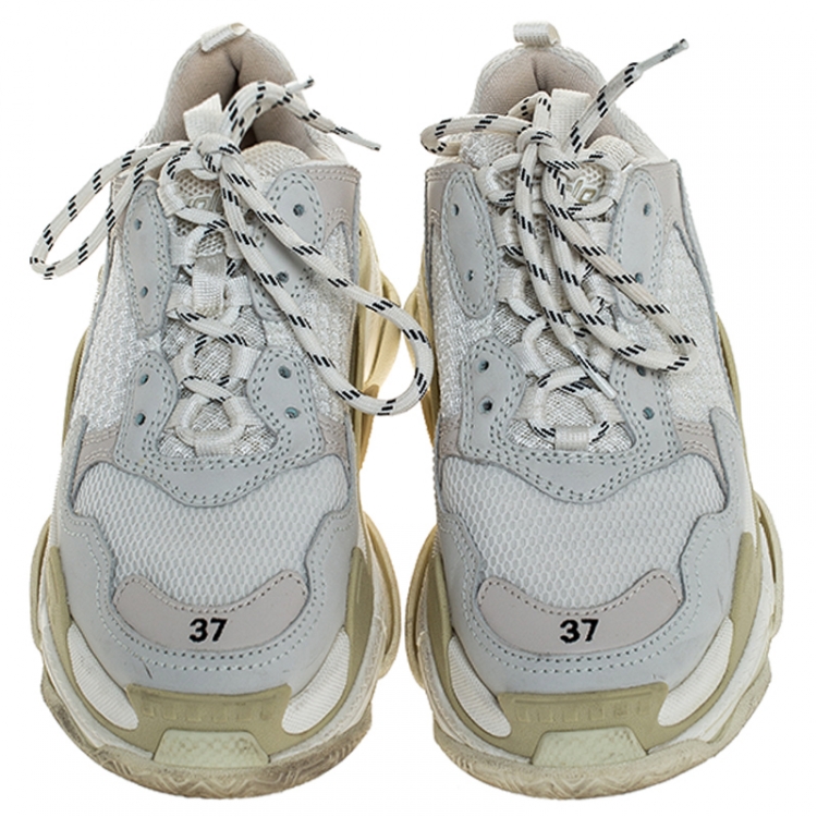 Pre Owned Balenciaga White/Beige Nubuck, Leather And Mesh Triple S Trainer Sneakers Size 37