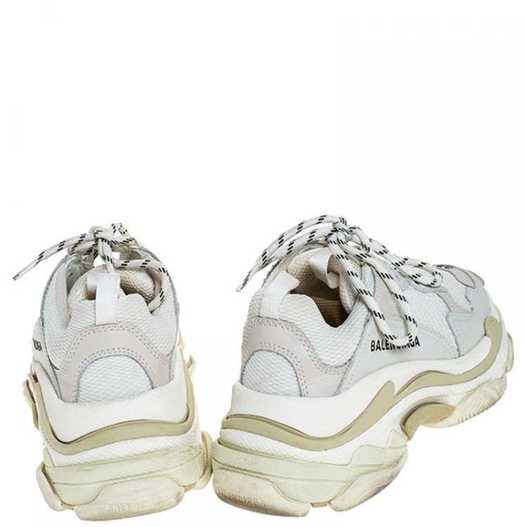 Pre Owned Balenciaga White/Beige Nubuck, Leather And Mesh Triple S Trainer Sneakers Size 37