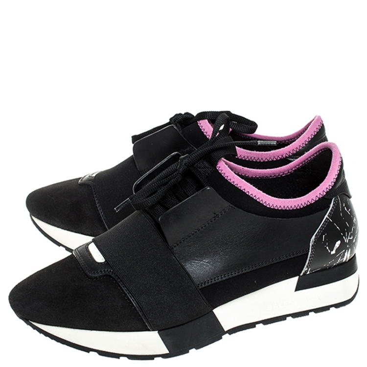 Pre Owned Balenciaga Black/Pink Leather, Suede And Nylon Race Runners Sneakers Size 37