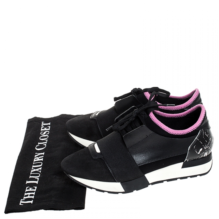 Pre Owned Balenciaga Black/Pink Leather, Suede And Nylon Race Runners Sneakers Size 37