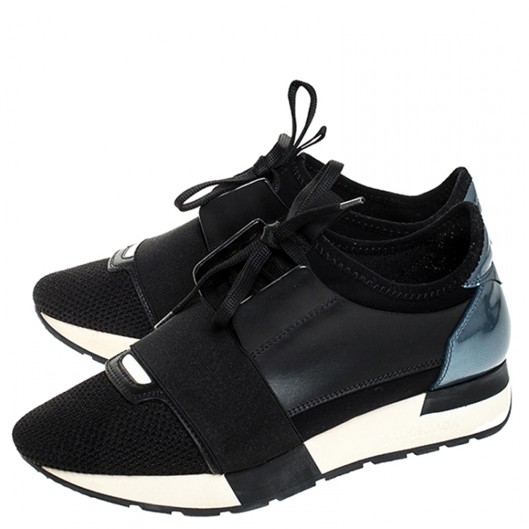 Pre Owned Balenciaga Black/Blue Leather, Patent Leather And Mesh Race Runner Sneakers Size 36