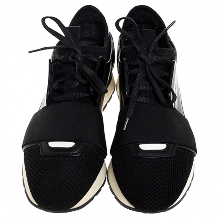 Pre Owned Balenciaga Black/Blue Leather, Patent Leather And Mesh Race Runner Sneakers Size 36