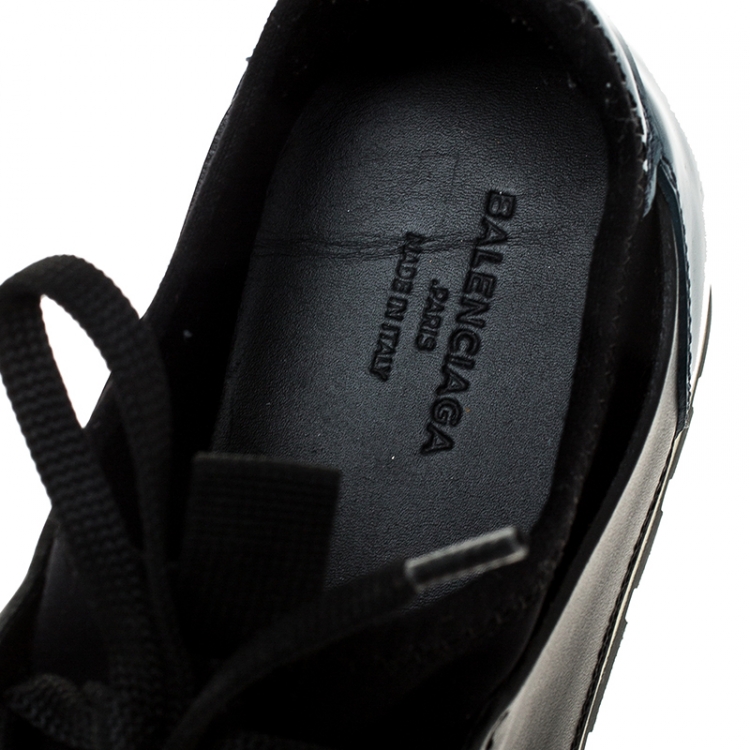 Pre Owned Balenciaga Black/Blue Leather, Patent Leather And Mesh Race Runner Sneakers Size 36