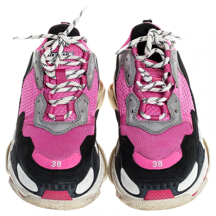 Pre Owned Balenciaga Pink/Black Mesh And Leather Triple S Clear Sole Platform Sneakers Size 38