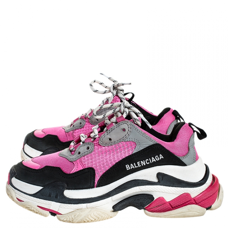 Pre Owned Balenciaga Pink/Black Mesh And Leather Triple S Clear Sole Platform Sneakers Size 38