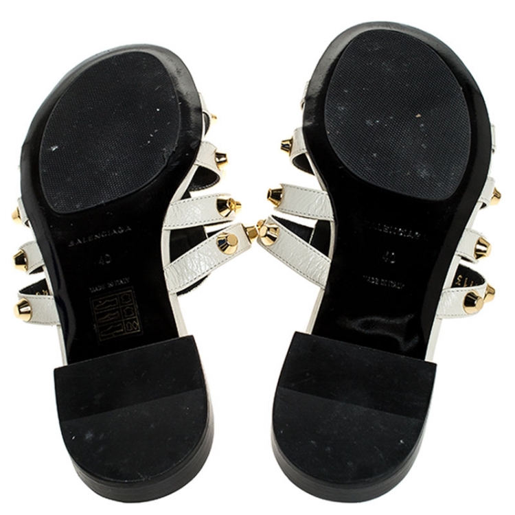 Pre Owned Balenciaga White Leather Studded Strappy Flat Sandals Size 40