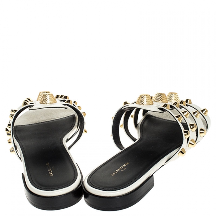 Pre Owned Balenciaga White Leather Studded Strappy Flat Sandals Size 40