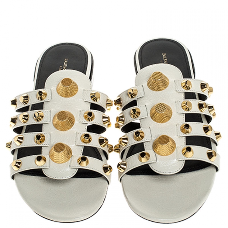 Pre Owned Balenciaga White Leather Studded Strappy Flat Sandals Size 40